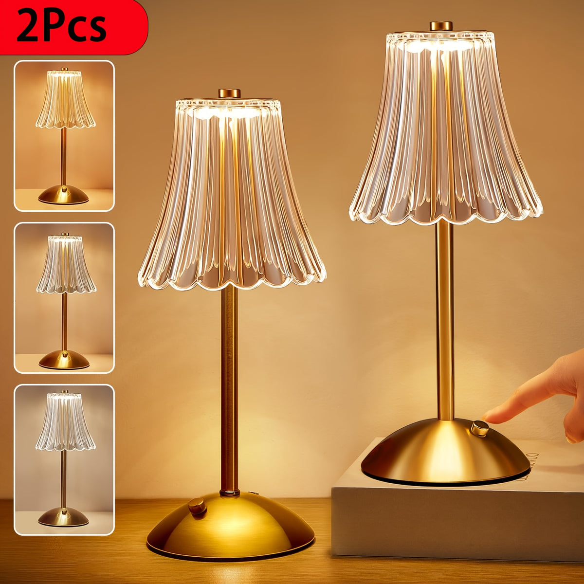 Touch Control Crystal Table Lamp with Three Light Tones, Dimmable LED Lighting, Wrought Iron Base and USB Rechargeable Battery, Single or Two-Lamp Options