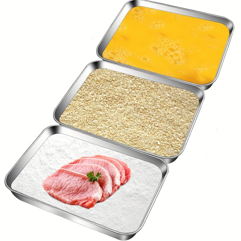 Stainless Steel Breading Tray Set with Three Food Prep Pans for Chicken Breast, Fish, Breadcrumb Coating and Meat Marinating in Home Kitchens
