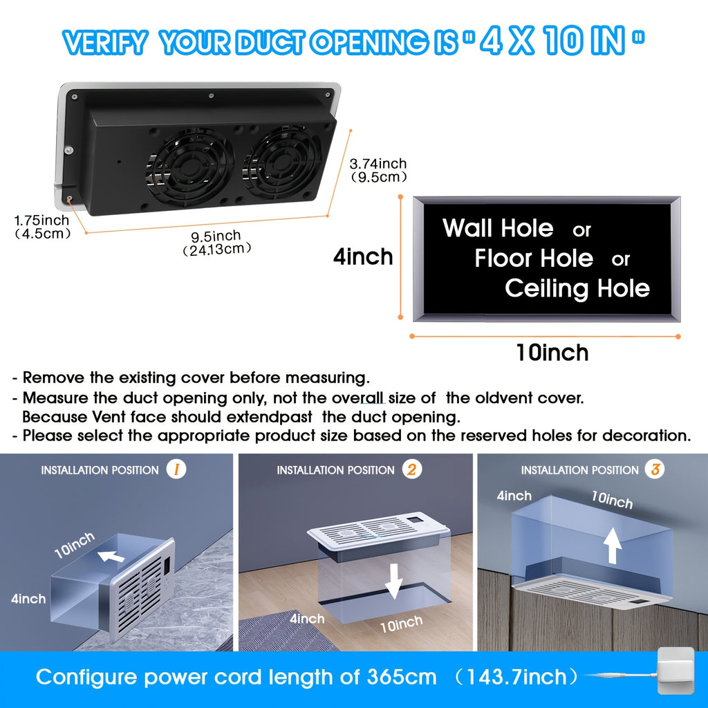 Register Booster Fan for Listed 4 x 10 Inch Vents, White Ten-Speed Airflow Device with Temperature-Sensing Automatic Control and Remote Wording for Compatible Home HVAC Registers