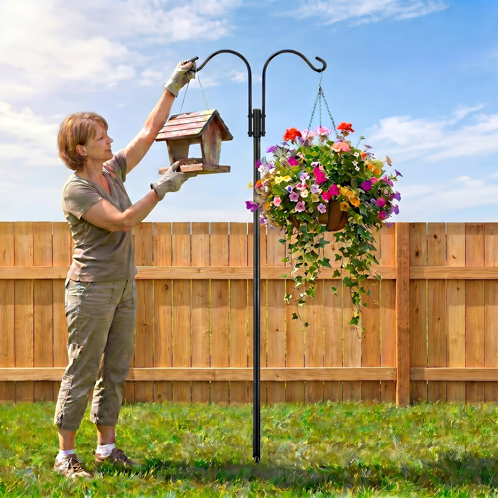 Double Shepherd Hooks for Garden, Listed Two-Piece 60-Inch Metal Pole Set with Five-Claw Bases and Adjustable Design for Bird Feeders, Hanging Baskets and Lanterns