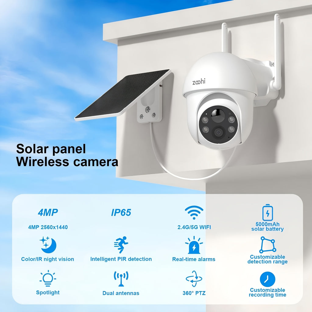 4MP Solar WiFi Security Camera with 355-Degree Pan and 90-Degree Tilt, Outdoor Battery Camera with Color Night Vision, Motion Detection and Two-Way Audio