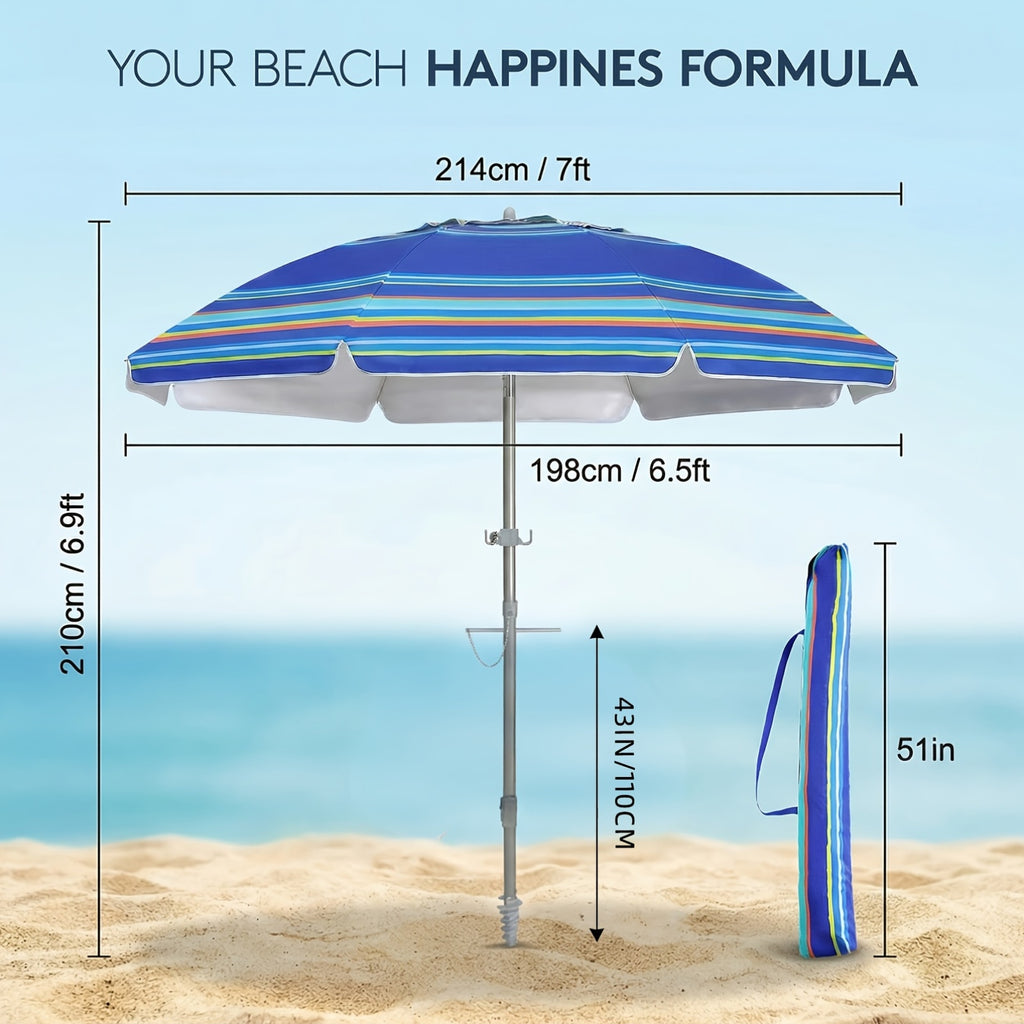 7ft Beach Umbrella with Sand Anchor and Tilt Adjustment, Vented Oxford Cloth Canopy with Fiberglass Ribs in Solid Blue, Baby Blue Stripes or Dark Blue Stripes
