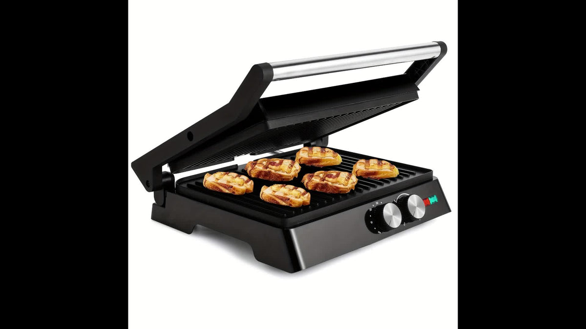 Floating-Hinge Panini Press and Indoor Grill with Nonstick Plate Wording, 180-Degree Opening and Grease Tray, Color or Timer-Control Options for Sandwiches