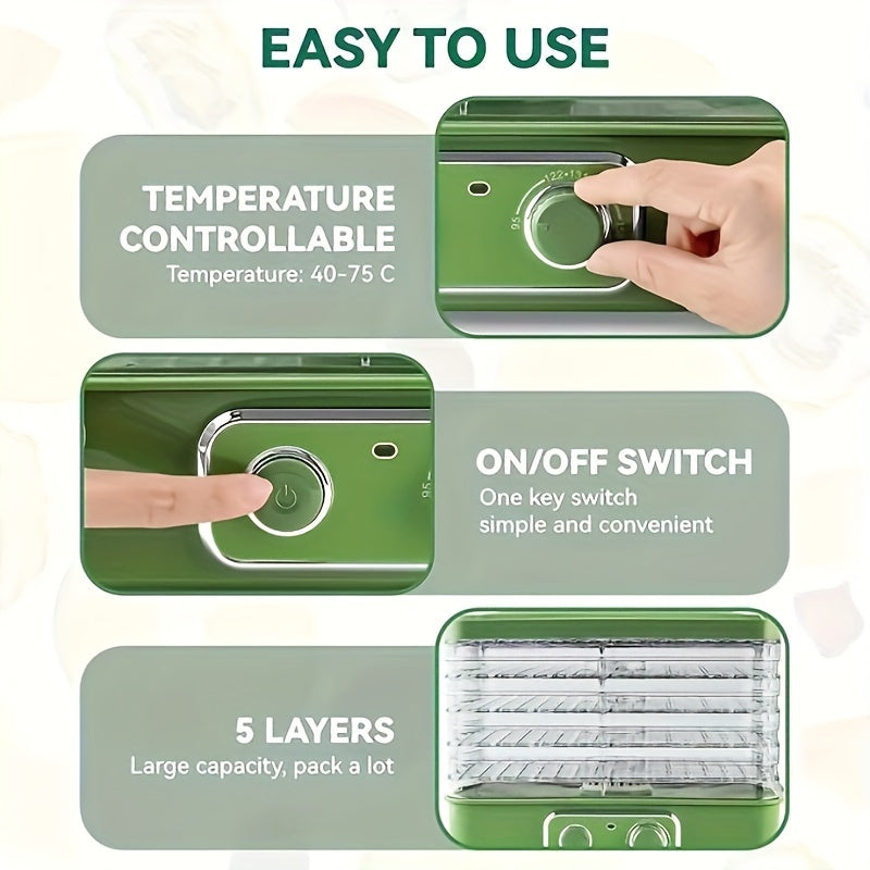 Stackable Food Dehydrator for Fruit, Vegetables and Herbs, Listed Five-Tray 240W Temperature-Control Model with Green, Silvery and Eight-Tier Option Labels