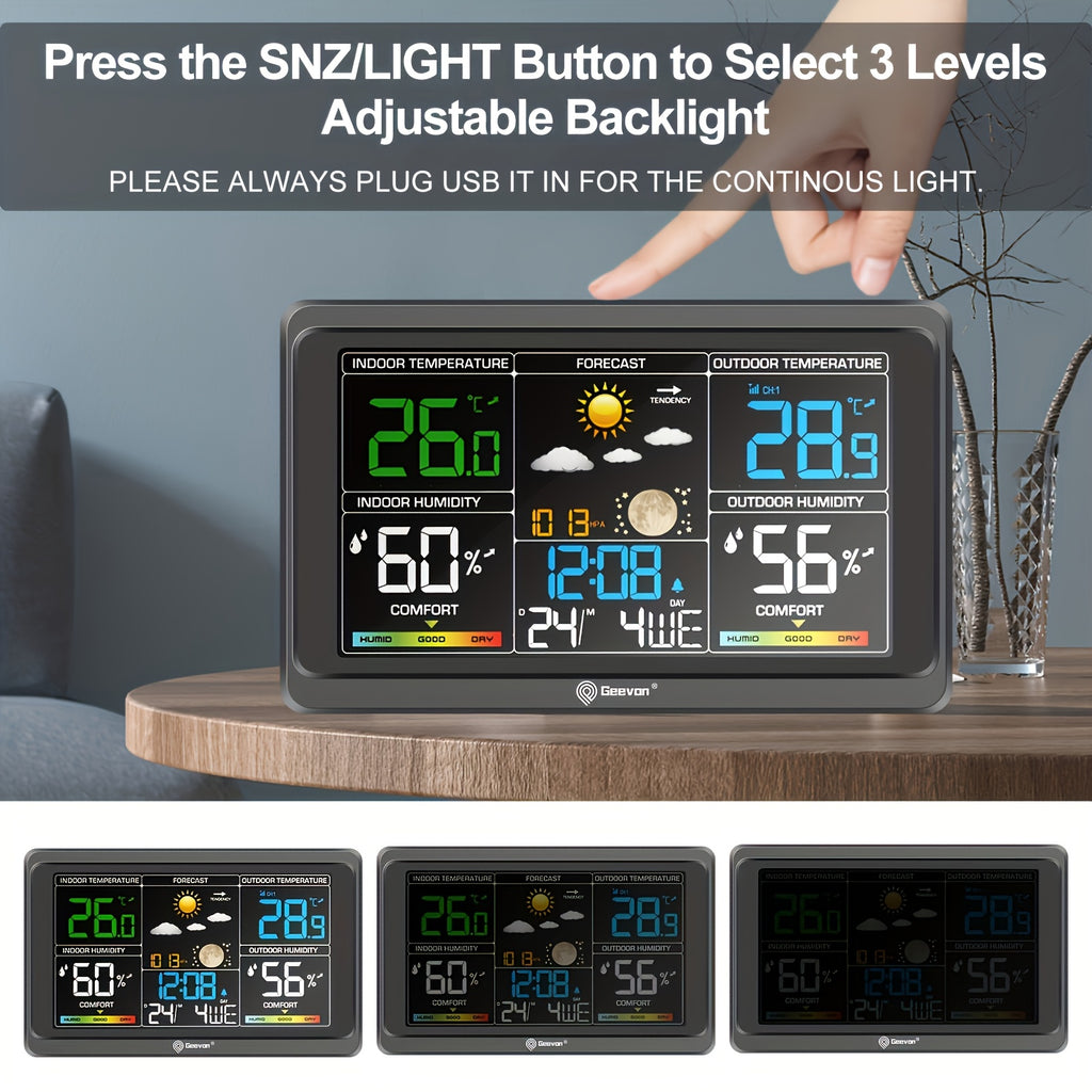 Geevon Color Display Weather Station with Listed 7.6-Inch LCD, Indoor Outdoor Temperature and Humidity, Barometer, Alarm Clock and Adjustable Backlight, Black