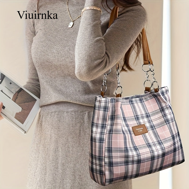 Oversized Plaid Tote Bag for Women, Spacious Shoulder Handbag for Work, School and Everyday Essentials with Classic Check Pattern Styling
