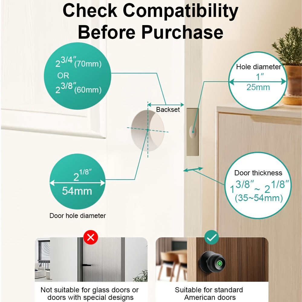 Rechargeable Smart Door Knob with Fingerprint, App and Physical Key Access, Entrance, Passage and Privacy Modes, K10 Finish Options