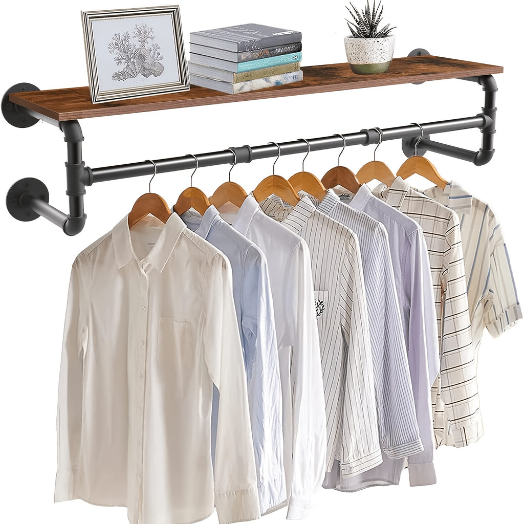Industrial Pipe Clothes Rack by AESOME, 39.3-Inch Wall-Mounted Hanging Rod with Wood Top Shelf and Three Hooks in Black and Dark Brown for Closet Storage
