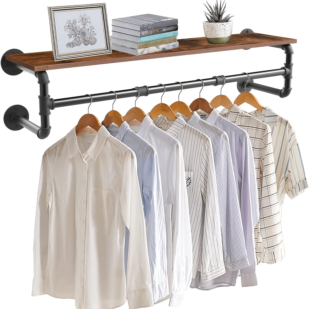 Industrial Pipe Clothes Rack by AESOME, 39.3-Inch Wall-Mounted Hanging Rod with Wood Top Shelf and Three Hooks in Black and Dark Brown for Closet Storage