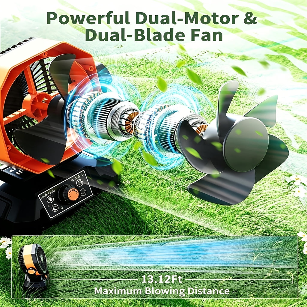 Dual Motor Camping Fan with 4 LED Lanterns, 20000mAh Rechargeable Battery Fan, 8-Speed Desk Fan with Remote, Portable Outdoor Fan with Hook for Tent, Power Outage, Construction Site