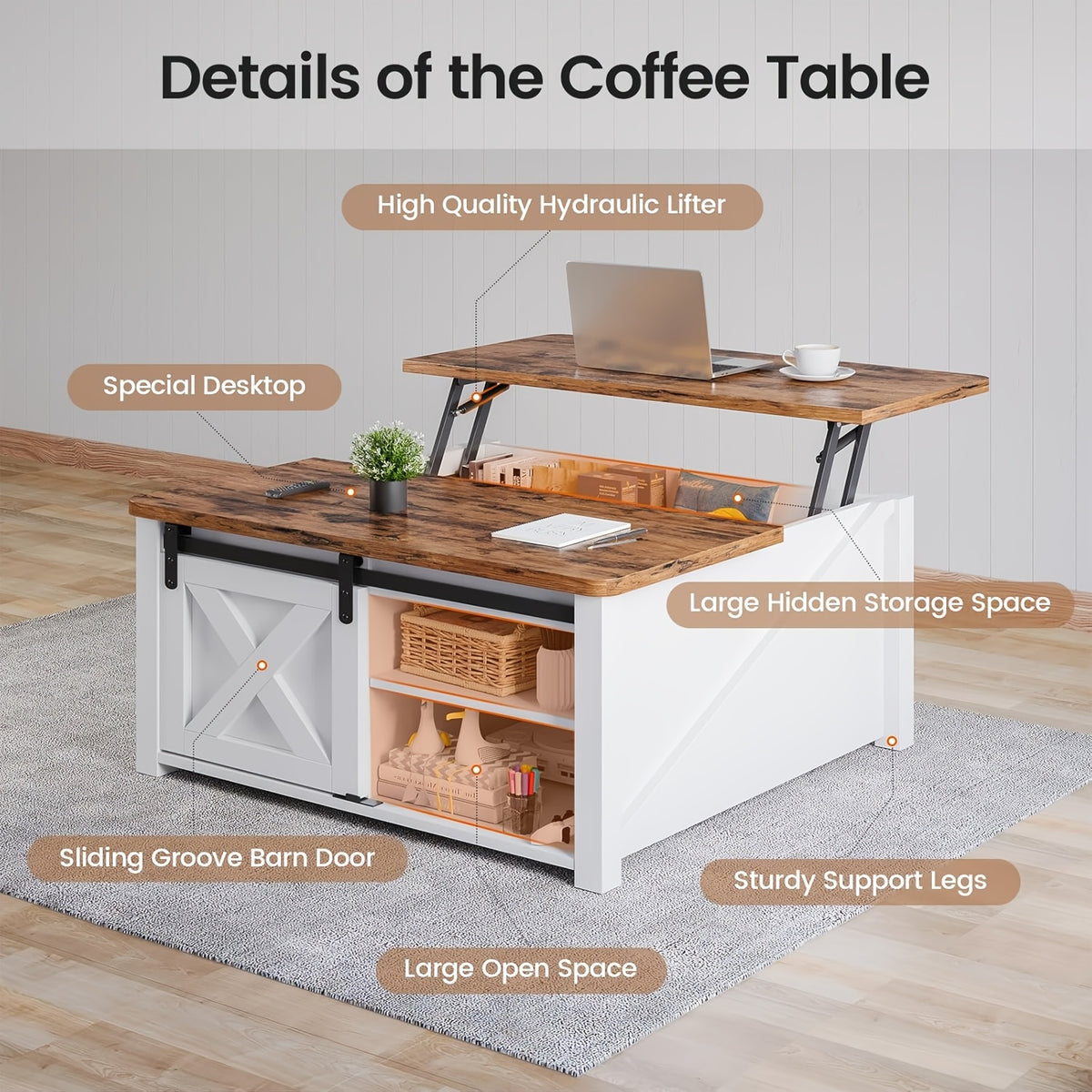 Lift Top Coffee Table with Storage, 31.5-Inch Square Farmhouse Design with Sliding Barn Door, Gas Strut Lift and Adjustable Shelves for Living Rooms