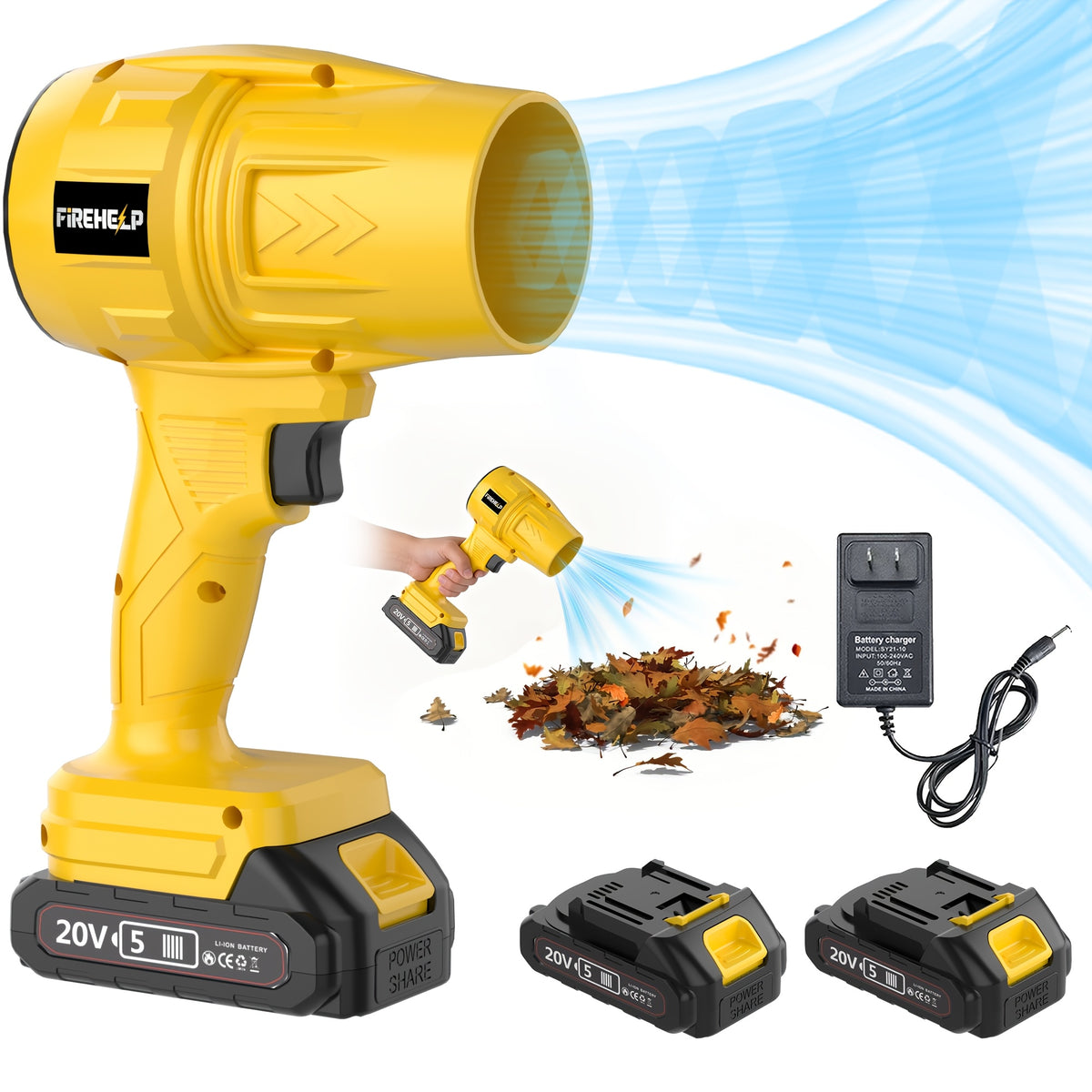 Battery-Powered Leaf Blower with Two-Battery Kit Options, Yellow or Green Cordless Air Blower for Yard Cleanup, Loose Leaves, Dust and Car Drying Projects