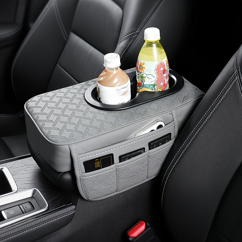 Car Armrest Storage Cover in PU Leather with Two Side Pockets and Two Cup Holders, Center Console Organizer with Tissue Bundle and Refill Options