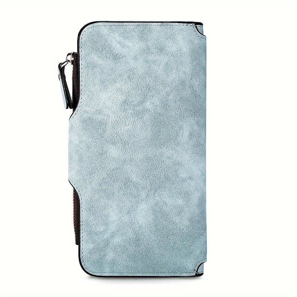 Women's Long Trifold Wallet in Synthetic Leather with 14 Listed Card Slots, Two Photo Slots, Snap Closure and Interior Zipper Pocket in Six Solid Colors