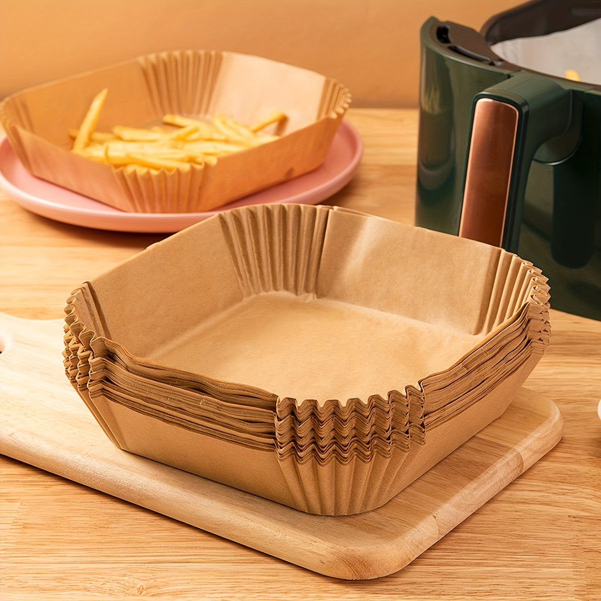 Yellow Square Air Fryer Liners in 50 or 100-Piece Packs with Listed Nonstick and Oil-Proof Design for Compatible Oven Baking and Everyday Kitchen Cooking