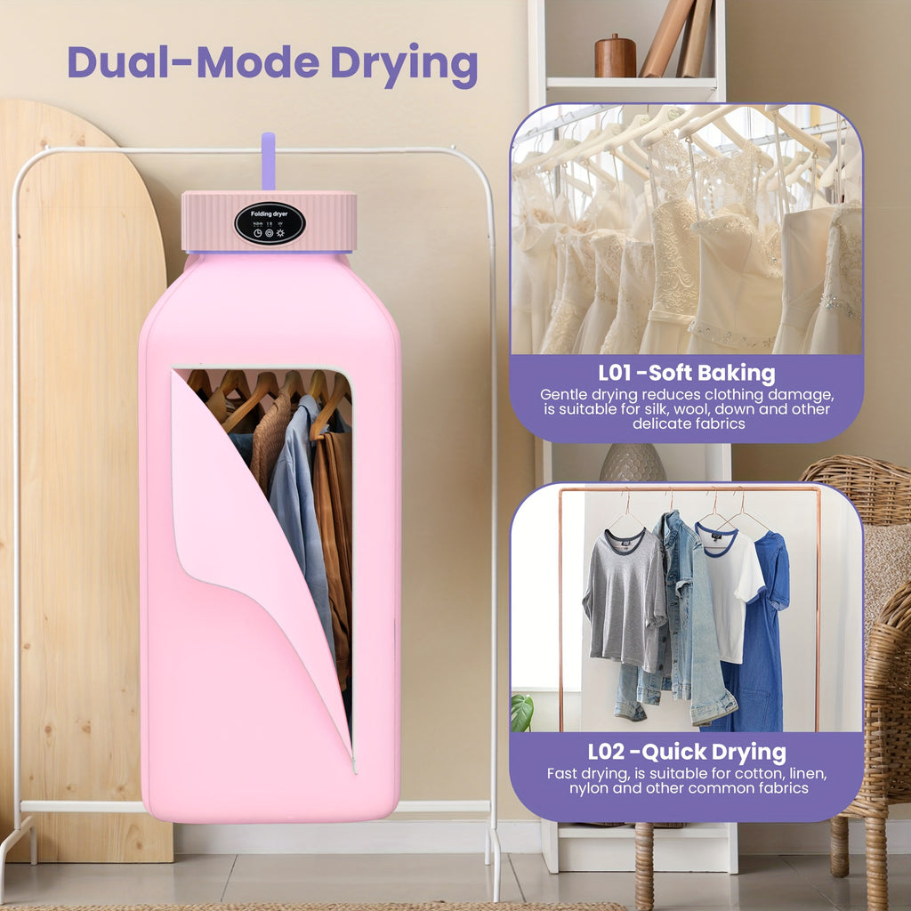 Foldable Portable Clothes Dryer with Timer and Listed Built-In LED UV Feature, Compact Laundry Care Machine in Pink, Khaki or Purple for Apartment, Travel and RV Use