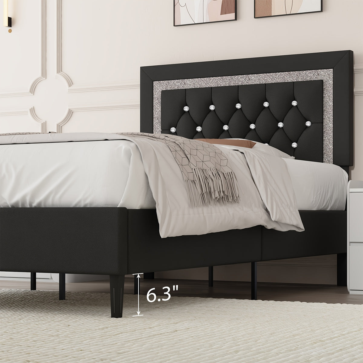 Princess Bed Frame with Diamond Headboard and Wooden Slat Support, Bedroom Furniture in White, Black or Pink with Twin, Full and Queen-1 Size Options
