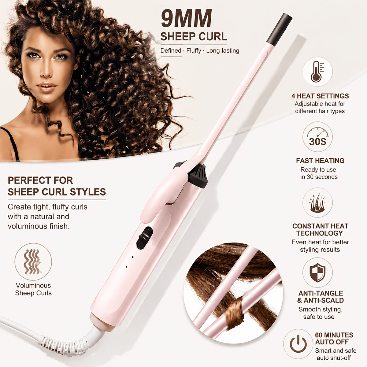 9mm Travel Curling Iron, Ultra-Fine Mini Curling Wand for Tight Curls, Teddy Curls, Airy Bangs & Water Waves, Fast Heating, for Short Hair, Men & Women, Holiday Gift, Pink