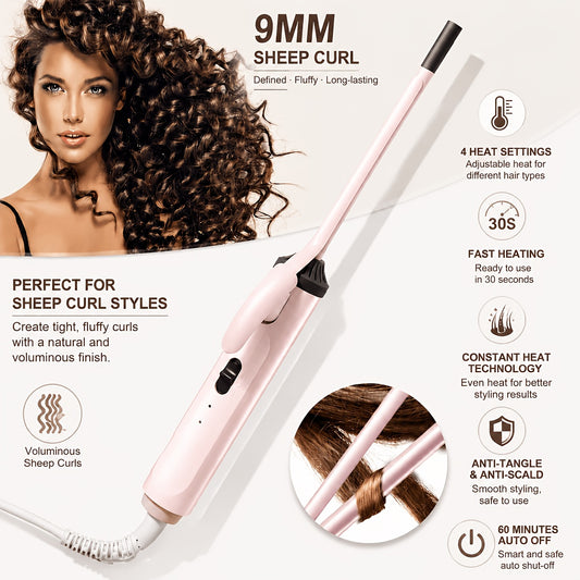 9mm Travel Curling Iron, Ultra-Fine Mini Curling Wand for Tight Curls, Teddy Curls, Airy Bangs & Water Waves, Fast Heating, for Short Hair, Men & Women, Holiday Gift, Pink
