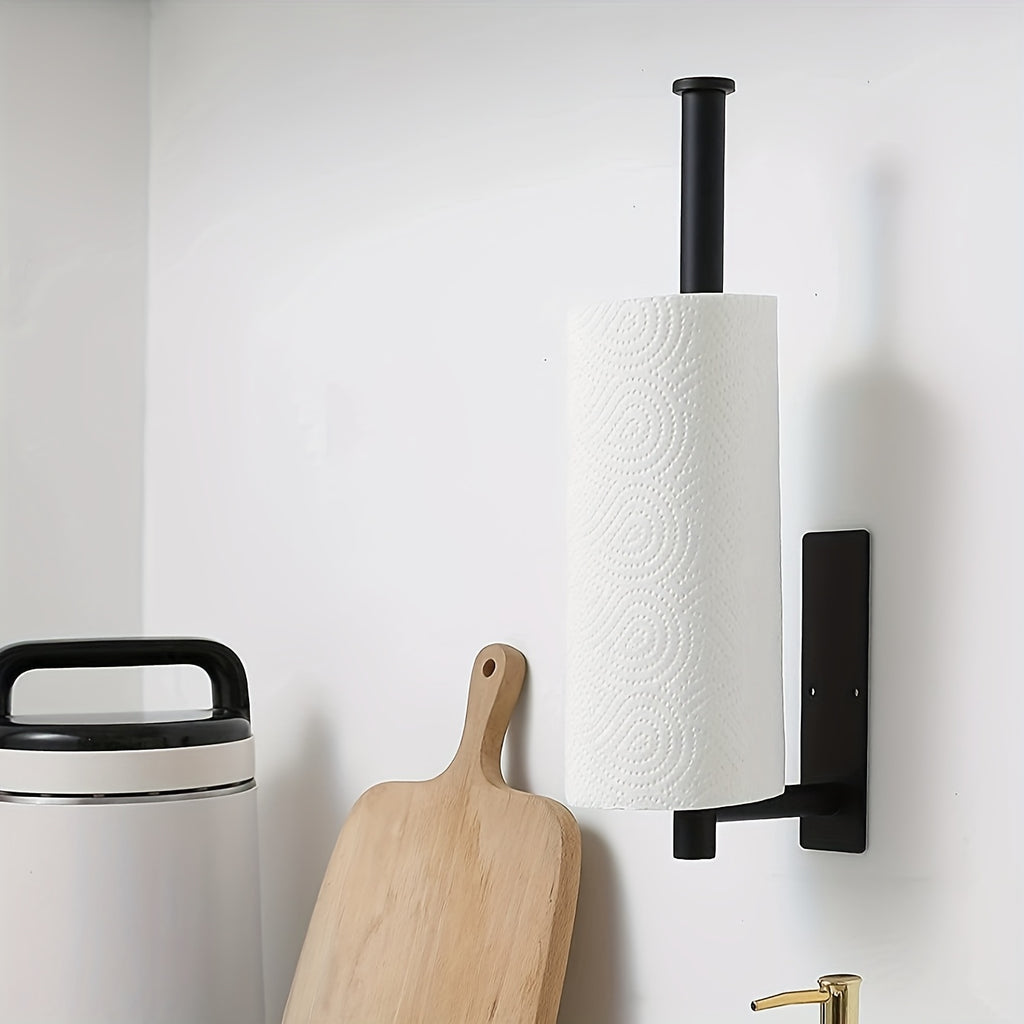 Self-Adhesive Paper Towel Holder in Stainless Steel, Single No-Drill Wall-Mounted Roll Organizer in Silvery or Black for Kitchen and Bathroom Storage