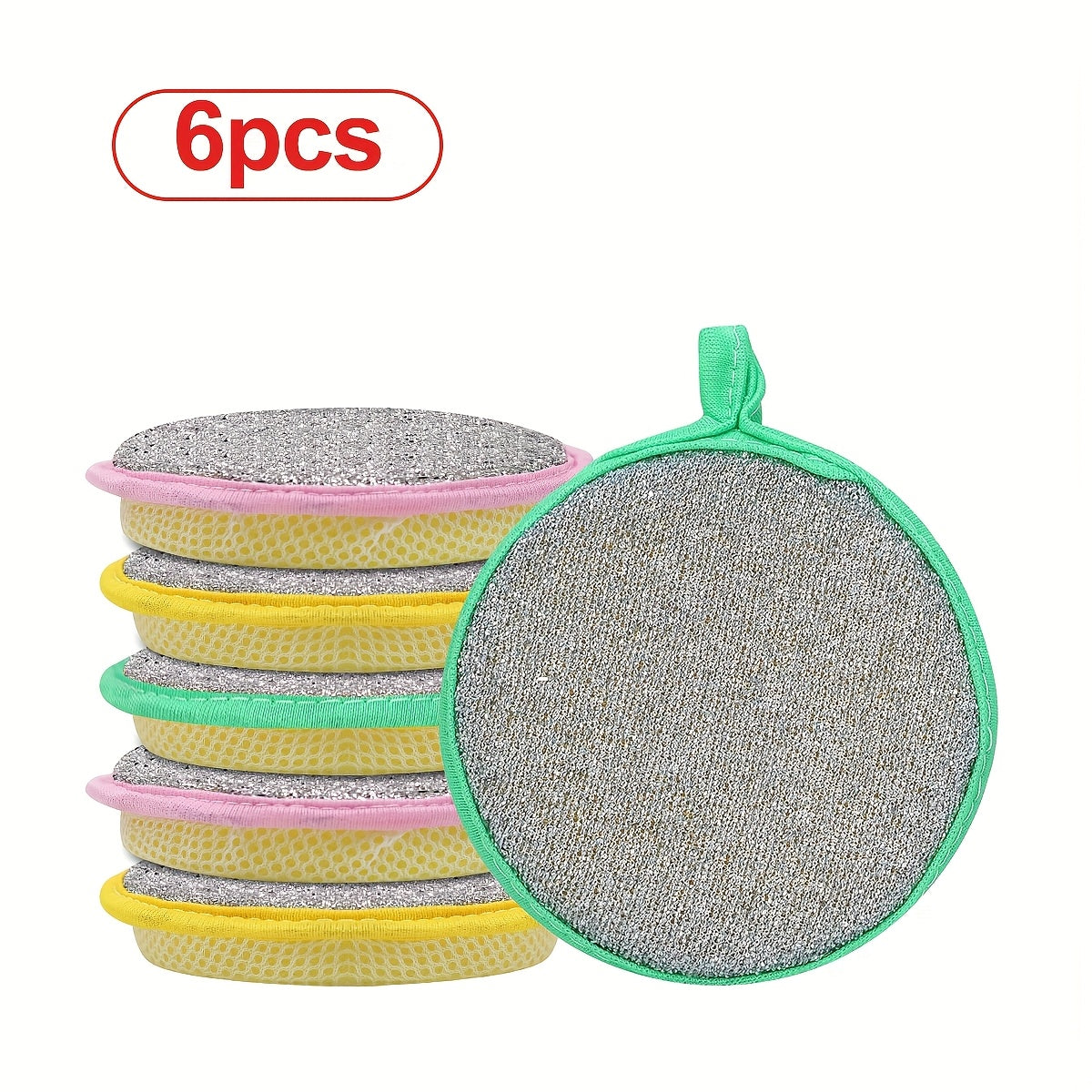 Round Double-Sided Dishwashing Sponges in 6 or 12-Piece Random Color Packs, Polyester Fiber Kitchen Cleaning Pads for Compatible Pots, Dishes and Everyday Washing
