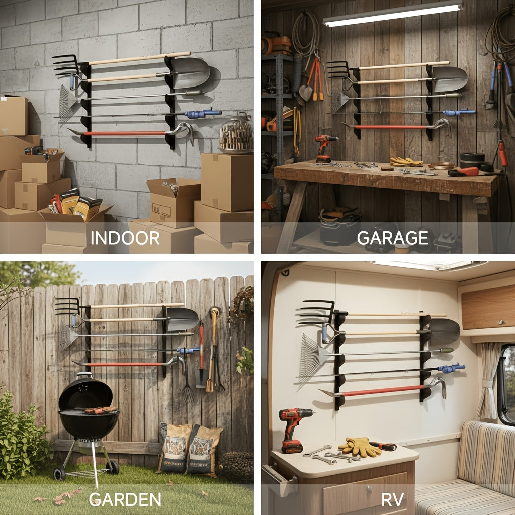 Wall Mount Tool Rack 2-Pack in Black, Space-Saving Garden and Garage Tool Organizer for Shed Storage, Home Workshops and Utility Areas