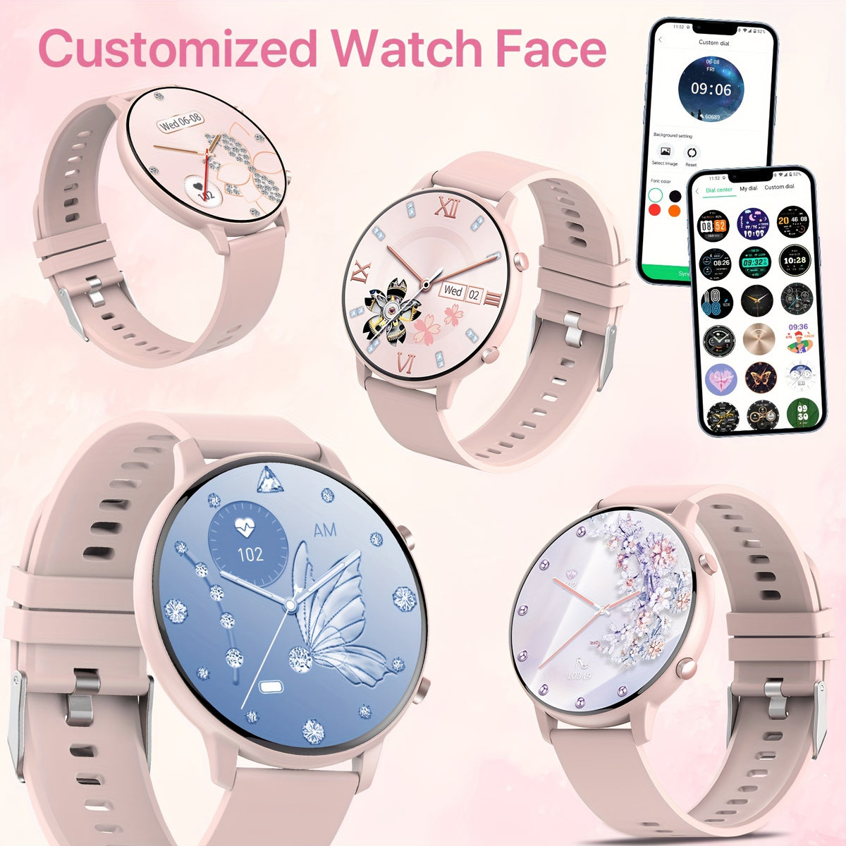 Pink Calling Smartwatch for Women with 1.39-Inch Full Touchscreen, Message Alerts, Step Distance and Calorie Tracking, 100+ Sports Modes for iPhone and Android