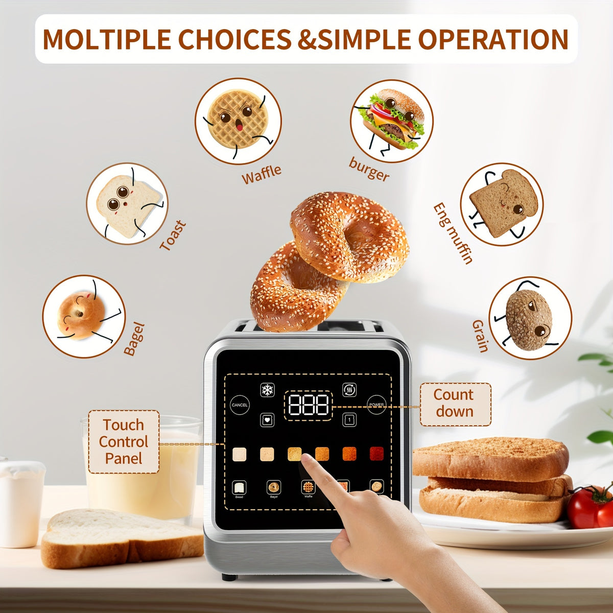 Seven-Shade Touchscreen Two-Slice Toaster with Listed Five Bread Selections, 1.5-Inch Slots, Bagel, Defrost, Cancel and Reheat Functions, Stainless Steel Options