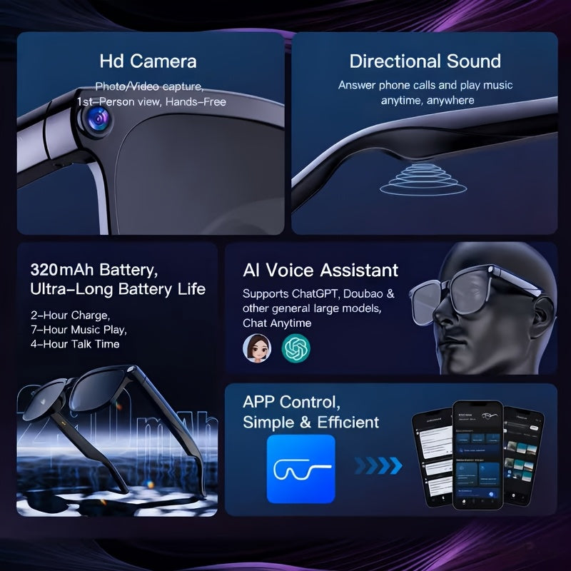 1080P Smart Video Glasses with 163-language Real-time Translation, Wireless Music Calls + HD Video Recording, 8-megapixel Ultra-wide-angle Camera. Suitable for Cycling/driving Recording, Outdoor Fishing, Office Work, Travel, and Audio Recording