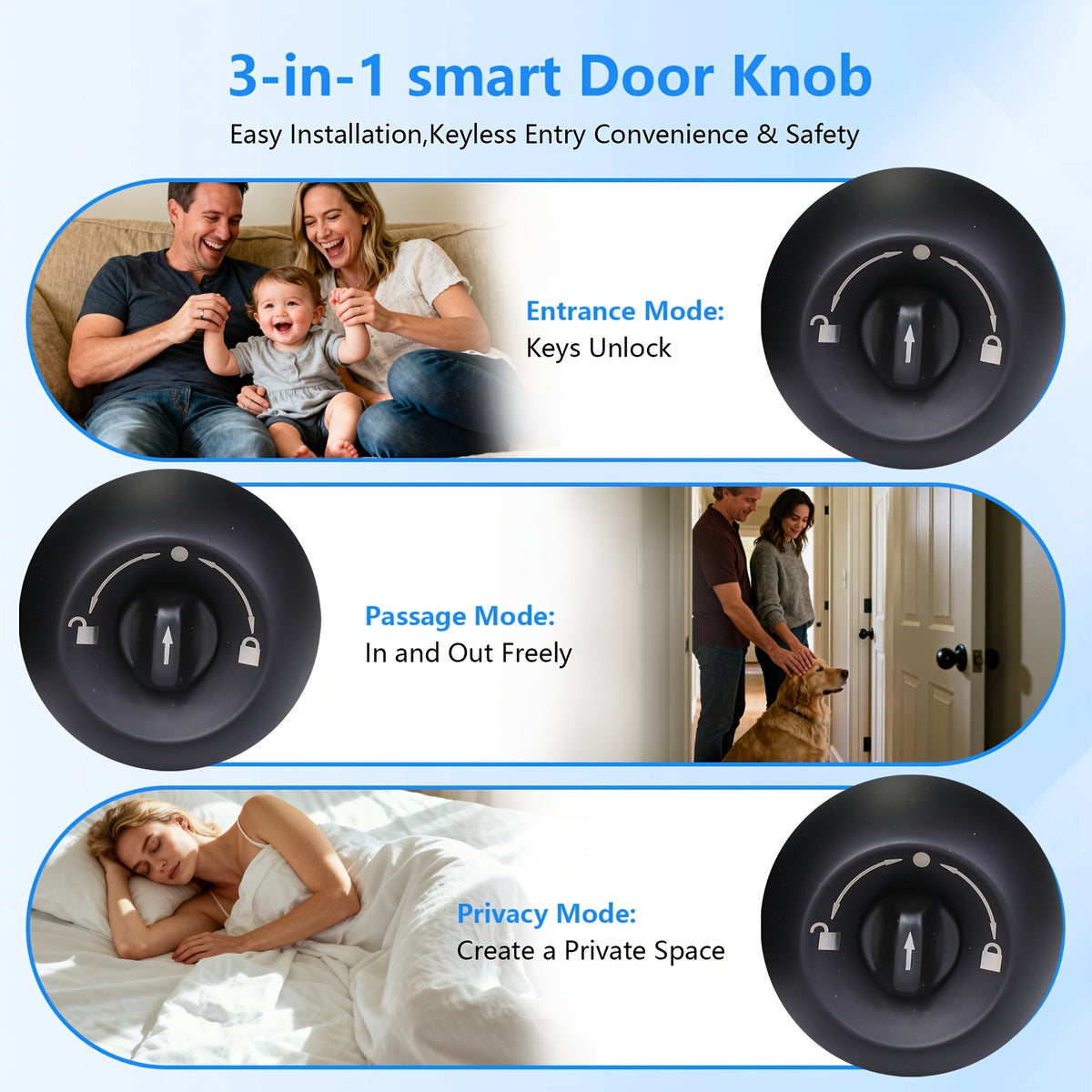 Biometric Smart Door Knob Lock in Black with Fingerprint Entry, App-Controlled Wireless Connection and Physical Key Access for Compatible Bedroom, Home and Office Doors