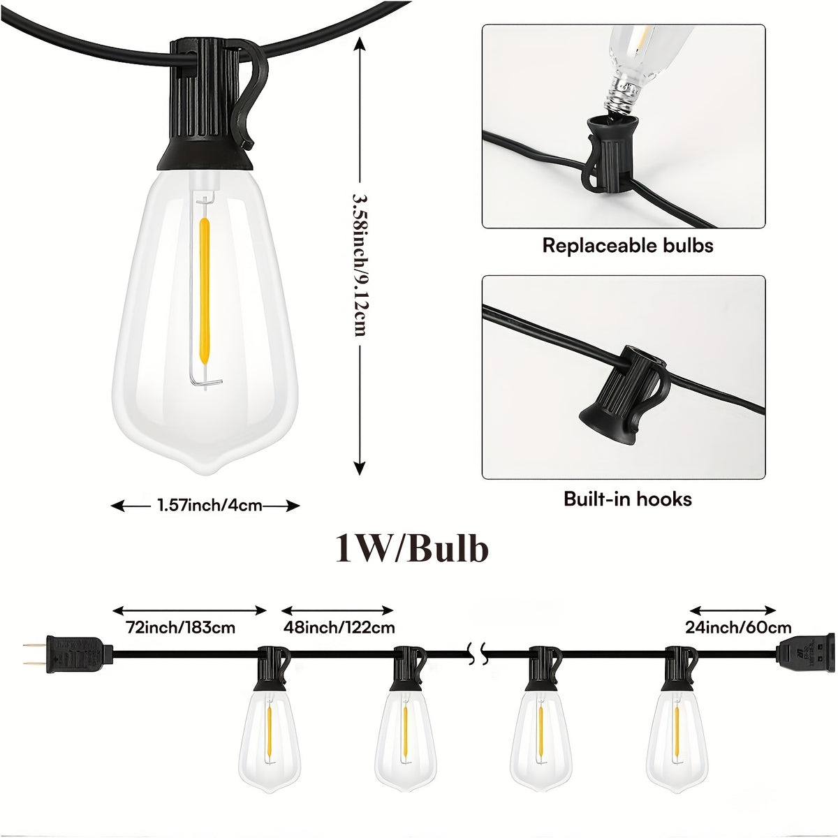 LED Outdoor String Lights, Edison-Style Decorative Bulbs with 2700K Warm Light Labels in 50ft, 100ft or 120ft Options for Patio, Porch and Cafe Displays