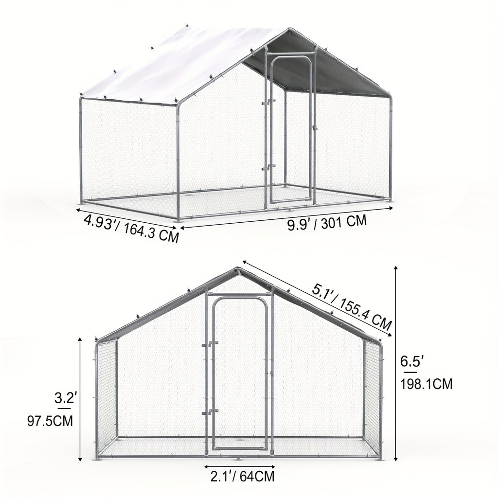 Metal Poultry Run Enclosure by SNDM, Outdoor Chicken Coop Cage with Listed Partial Cover, Mesh Walls, Access Doors and Latches in Three Unit Options