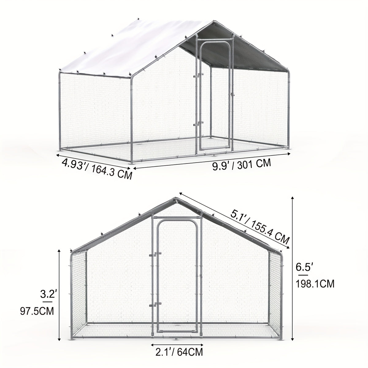 Metal Poultry Run Enclosure by SNDM, Outdoor Chicken Coop Cage with Listed Partial Cover, Mesh Walls, Access Doors and Latches in Three Unit Options