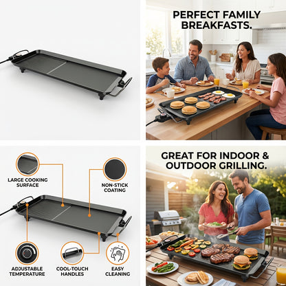 Electric Grill with Nonstick Roasting Surface, Adjustable Temperature and Listed Drip Tray, Extended-Length, Medium or Large Options for Family Meals