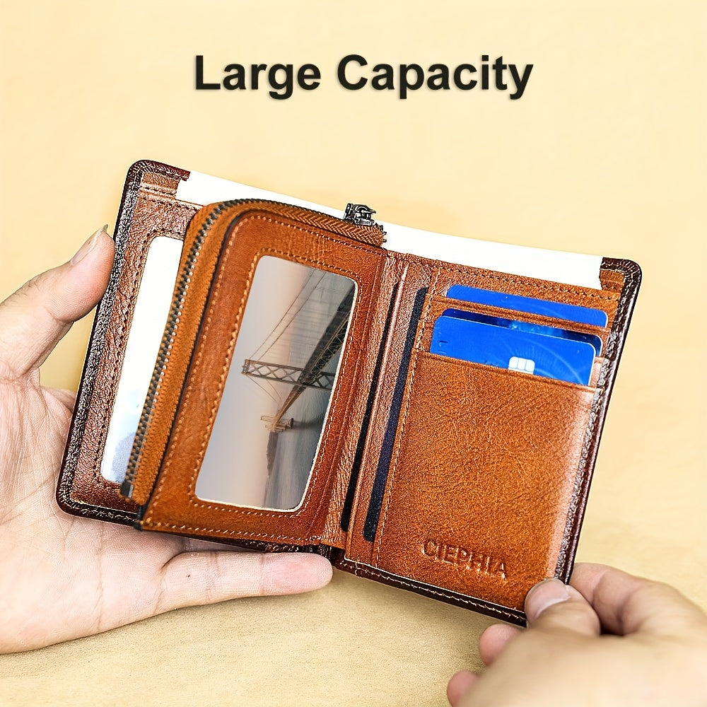Trifold Leather Wallet for Men with Eight Card Slots, Two ID Windows, Coin Pocket and Two Banknote Sections, Yellow Brown, Black or Coffee Color for Daily Carry