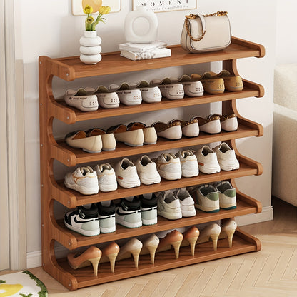Freestanding Bamboo Shoe Organizer in Brown with Three, Five or Six Layers, Wood-Grain Footwear Storage Rack for Home Entryways, Hallways and Dorm Rooms