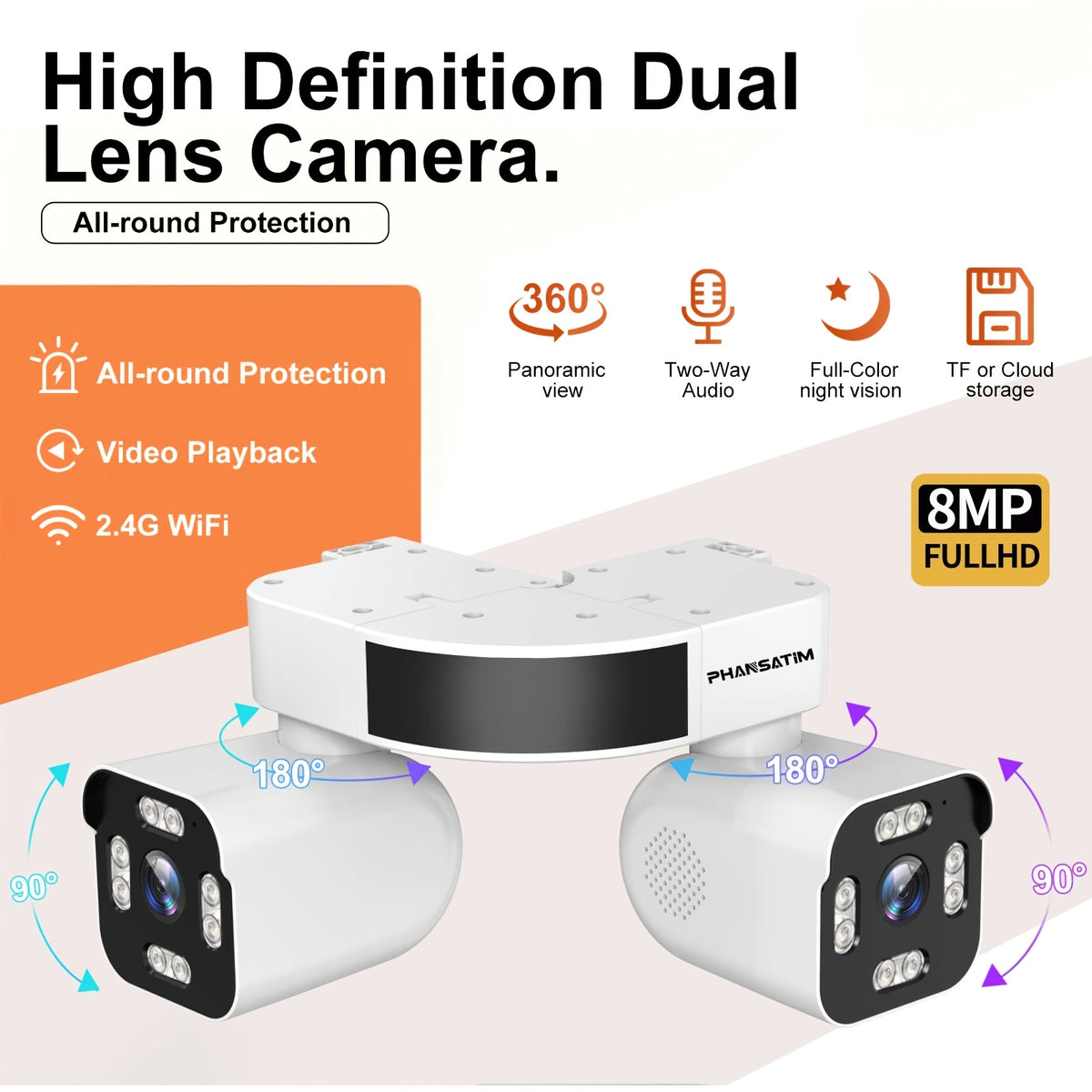 Corner Mount Security Camera by PHANSATIM, 8MP Dual-Lens PTZ with Color Night Vision, WiFi or Wired Network Connection and Wired Power for Indoor Outdoor Use