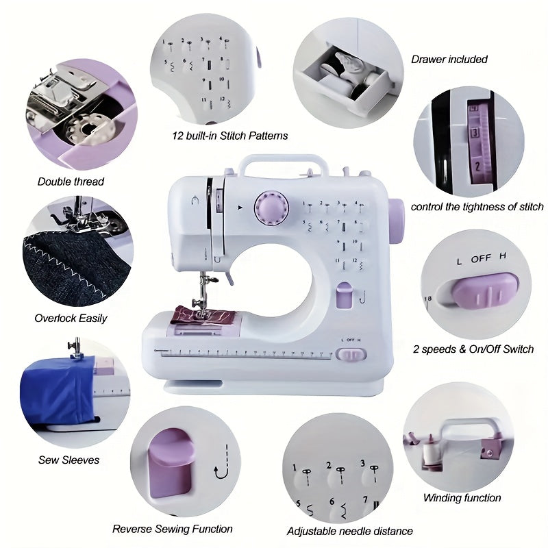 Extension Table Mini Sewing Machine with 12 Stitches and LED Work Light, Portable Electric Design for Beginner Sewing Practice, Crafts and Small Fabric Projects