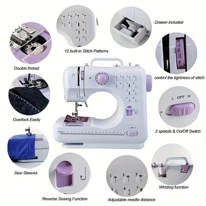 Extension Table Mini Sewing Machine with 12 Stitches and LED Work Light, Portable Electric Design for Beginner Sewing Practice, Crafts and Small Fabric Projects