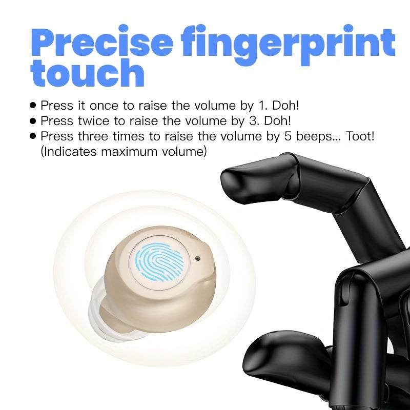 USB Charging Hearing Device with Light Beige Unit and Black Charging Box, Listed 320mAh Case Battery, Noise Reduction and 10-Second Delayed Startup