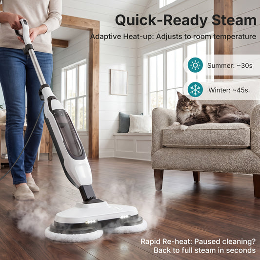 Dual Spin Steam Mop with Rotating Pads, Two LED Lights, Four Listed Modes and 16.4ft Power Cord for Compatible Floor Cleaning in White, Gray or Green