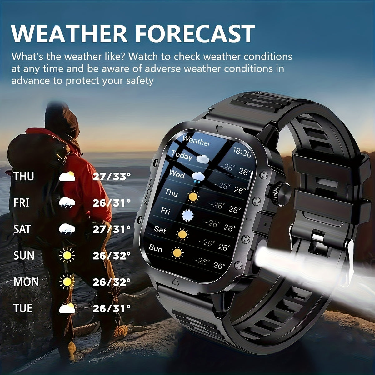 Outdoor Flashlight Smartwatch in Brown with Listed 2.1-Inch Screen, Multiple Sports Modes and Notifications for Men and Women Using Android or iPhone