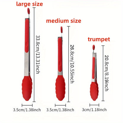 BBQ Tongs Set of 3 with Red Non-Slip Grips, 410 Stainless Steel Kitchen Food Tongs for Cooking, Grilling, Salad Serving and Everyday Meal Preparation