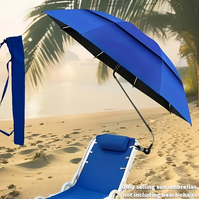 Clip-On Beach Parasol with Double Ventilated Top, Listed 360-Degree Angle Adjustment and Iron Frame in Navy Blue, Blue or Red for Camping and Fishing