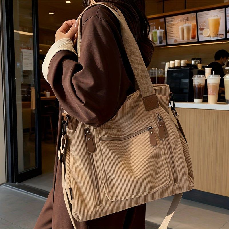 Retro Workwear Corduroy Handbag with Multiple Pockets, Women's Adjustable-Strap Shoulder and Crossbody Bag in Black, Grey or Green for Daily Commuting