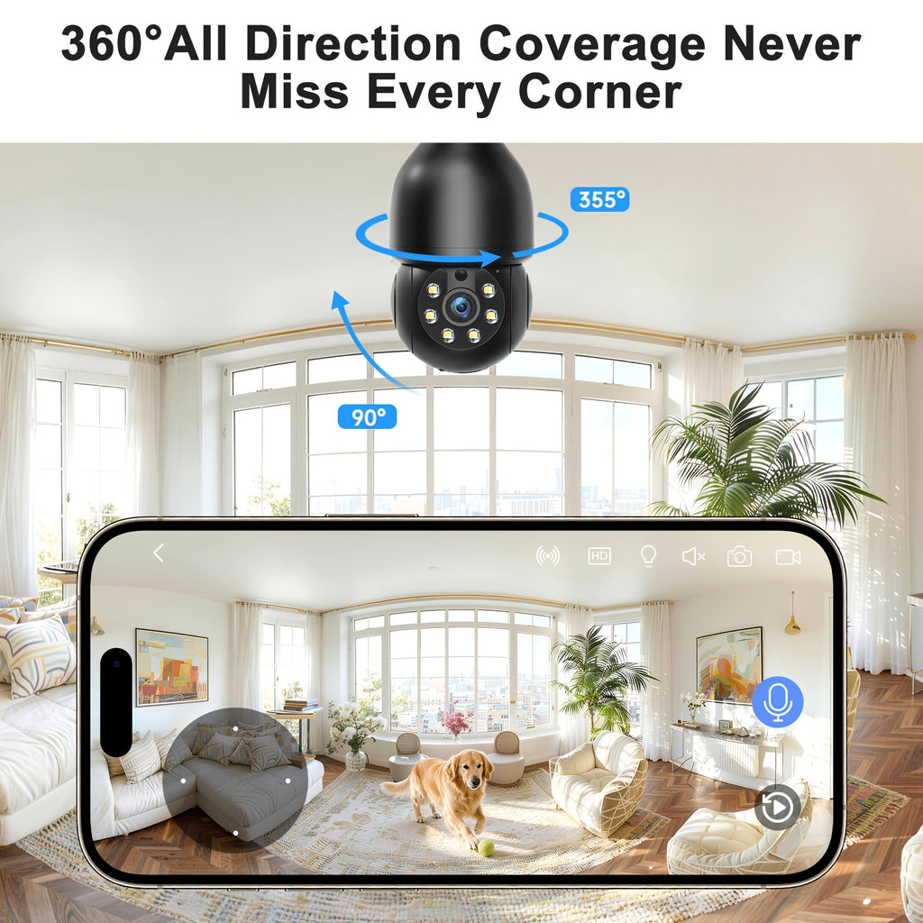 5MP Indoor Pet Monitoring Bulb Camera with Pan-Tilt Viewing, Color Night Vision, Motion Alerts and Two-Way Voice in One, Two or Four Camera Options