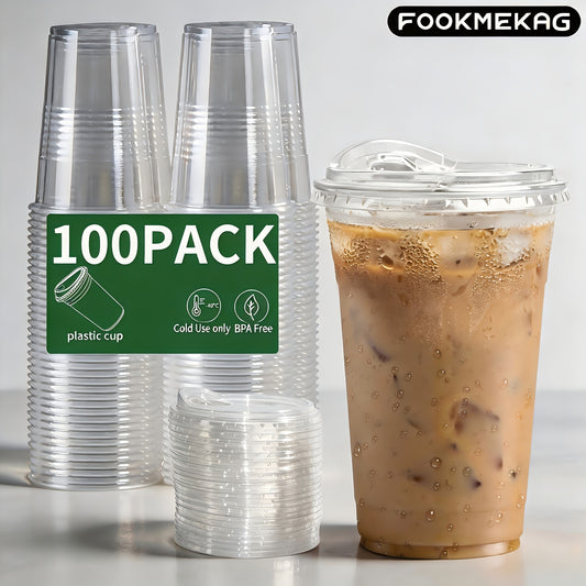 Clear Plastic Cups with Lids 100-Pack, Disposable Cold Drink Cups in 12, 16, 20 or 24 oz Options for Iced Coffee, Smoothies and Party Takeaway