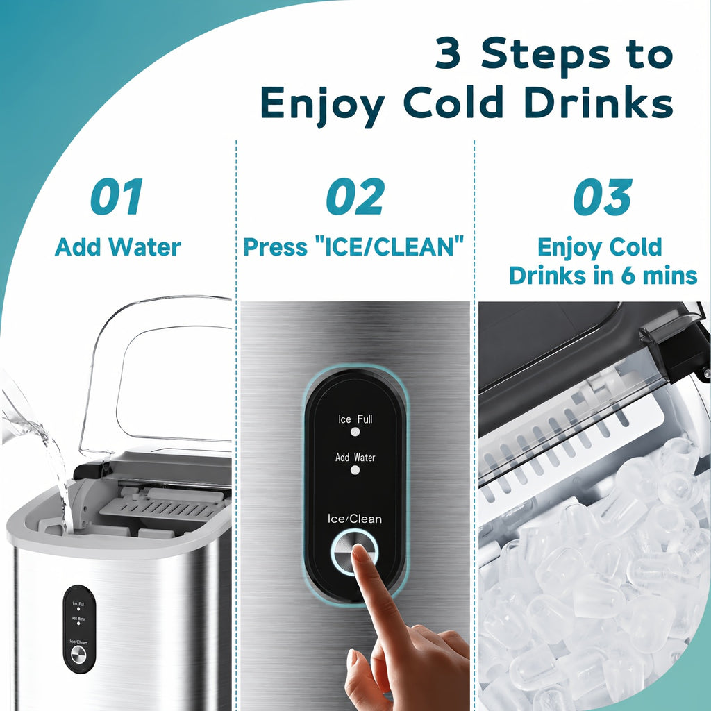 Carry-Handle Countertop Ice Maker with Bullet or Nugget Ice Option Labels, Self-Cleaning Wording, Basket and Scoop for Kitchen and Office Drink Preparation