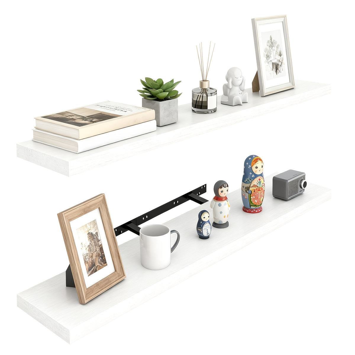 Floating Wall Shelves Two-Pack with Listed 32-Inch Length and Hidden Bracket Design, White, Walnut or Brown Labels for Home Decor and Seasonal Displays