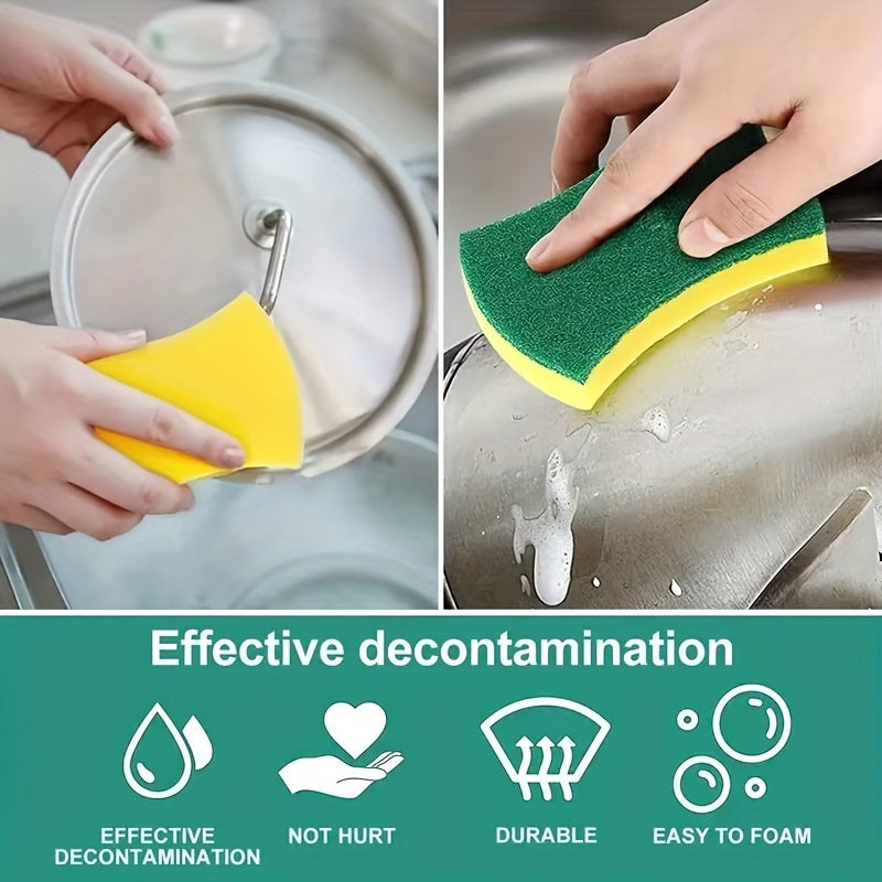 Waist-Shaped Cleaning Sponges in Yellow and Green, 12- or 24-Piece Double-Sided Scouring Pad Options for Compatible Dishwashing and Household Kitchen Cleanup